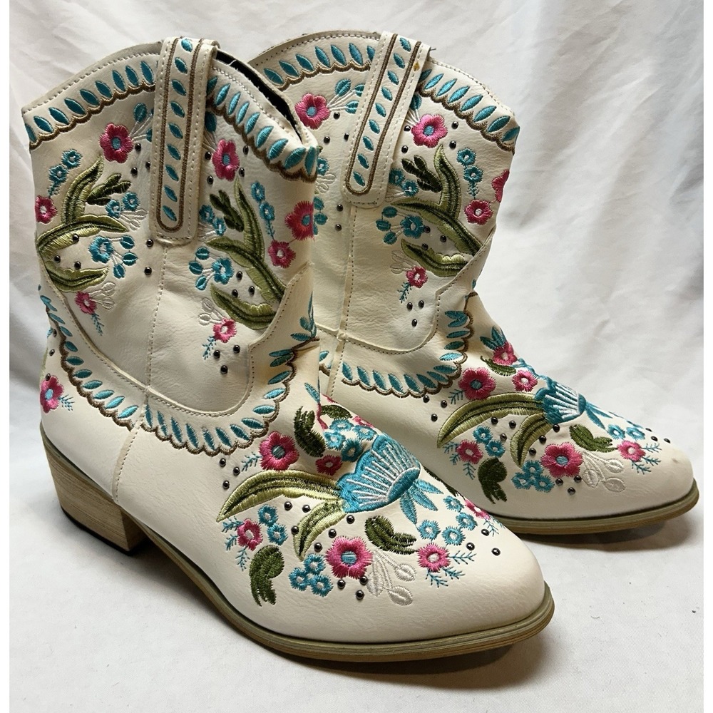 Womens Retro Western Cowboy Pointed Toe Mid Calf Boots White Embroidered Floral